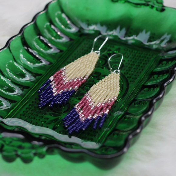Pink & Blue Chevron Fringe Earrings - Picture 2 of 4